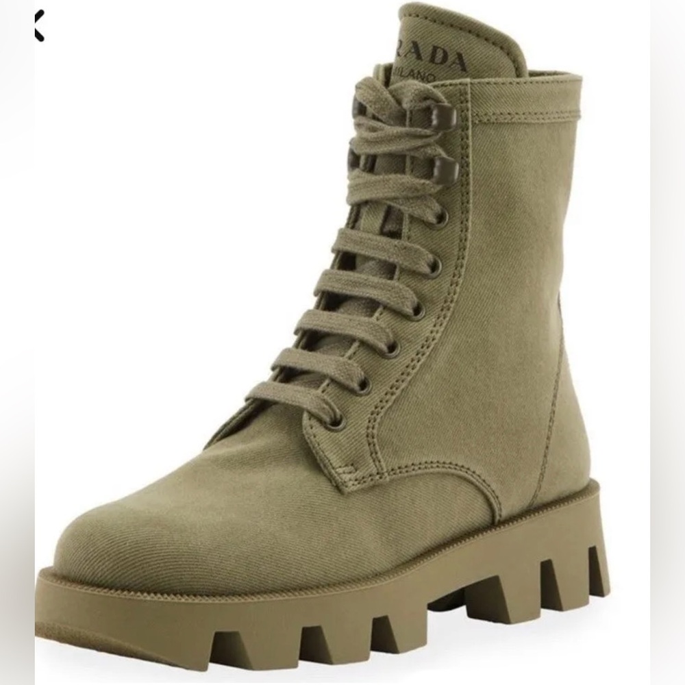 Prada Denim Lug Sole Dark Green Canvas Combat Boots 40